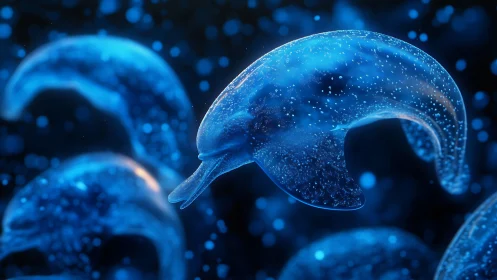Bioluminescent glass dolphins in suspended fluid simulation.