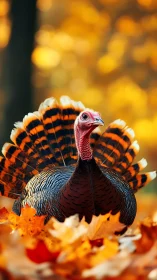 Wild turkey standing among orange autumn foliage outdoors.