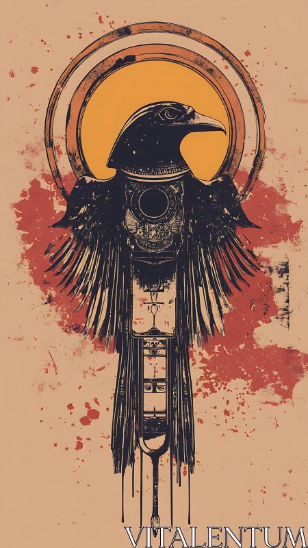 Stylized mechanical crow emblem with concentric solar disc.