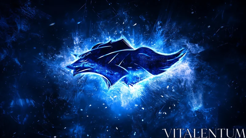 Electric wolf sigil exploding through deep cosmic blue storm.