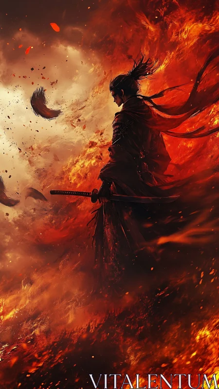 Lone samurai stands unshaken amid swirling inferno blaze.