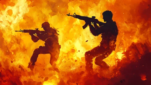Two silhouetted figures with rifles positioned against intense orange flame background