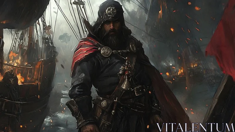 Hooded armored captain stands on burning ship deck at night