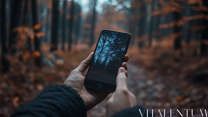 Hand holding smartphone displaying forest landscape in autumn woodland