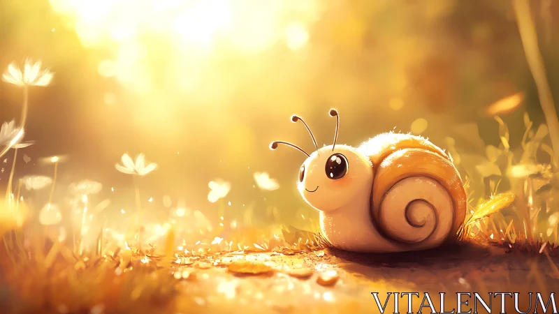 Cute snail rests in glowing meadow under soft sunrise light