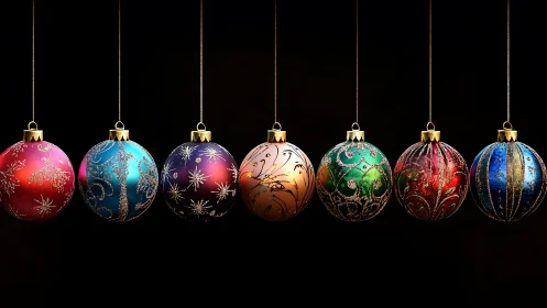 Luminous glass ornaments shimmer against deep black backdrop.