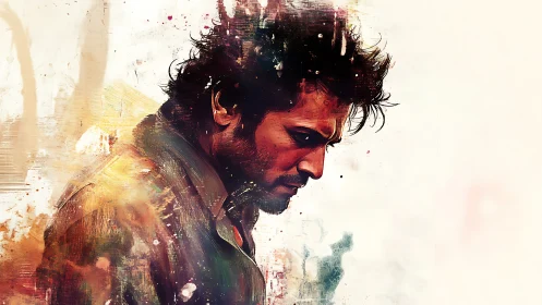 Brooding portrait in expressive watercolor splatter style.