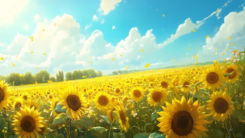 Sunlit sunflower field under high-saturation sky and dynamic clouds