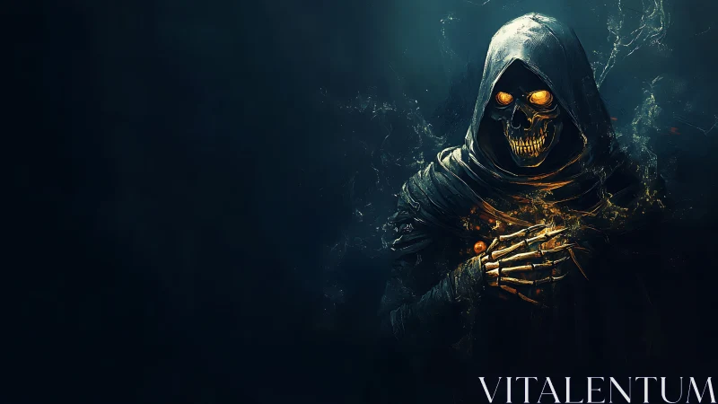 Hooded skeletal figure with glowing eyes occupies right frame