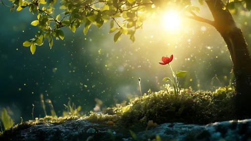 Sunlit red blossom dreaming beneath a whispering forest sky.