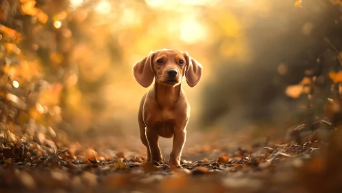 Soft-eared pup strolling through a golden autumn glow trail.