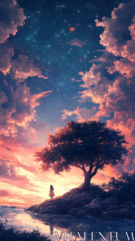 Solitary figure under tree facing starry dusk sky.