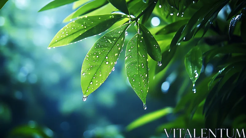 Glistening green leaves soaking up soft morning raindrops.
