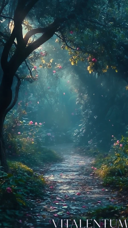 Atmospheric forest pathway rendered with volumetric lighting and dense foliage