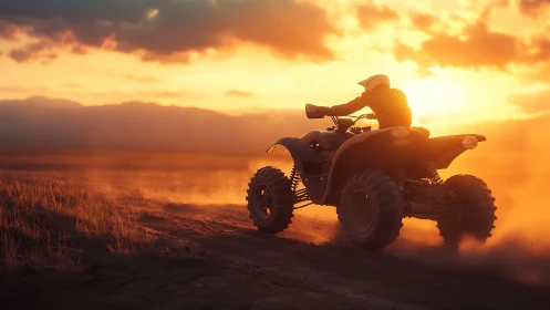 Quad bike rider cutting dust plumes at high speed at sunset.