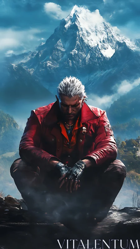 Solitary figure sits before distant snow-covered mountain peak