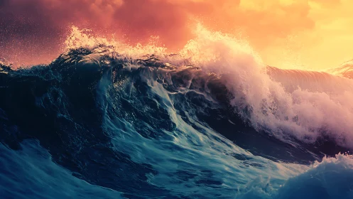 Sunlit ocean wave cresting under vivid orange sky.