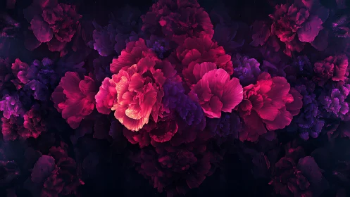 Luminous peonies glow in a dark, dreamlike floral nebula