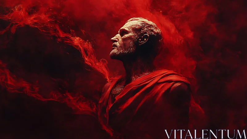 Profile of robed male figure in dense swirling red smoke.