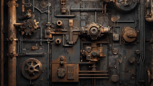 Intricate steampunk machinery panel glows with aged metal detail