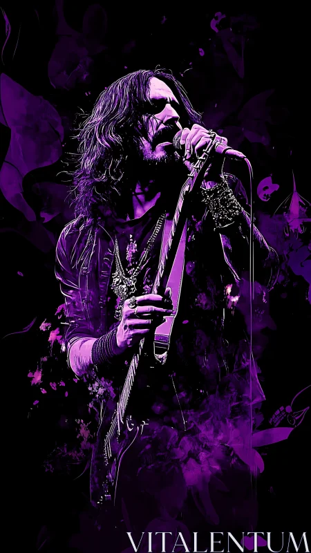 Rock singer with electric guitar performs in purple lighting