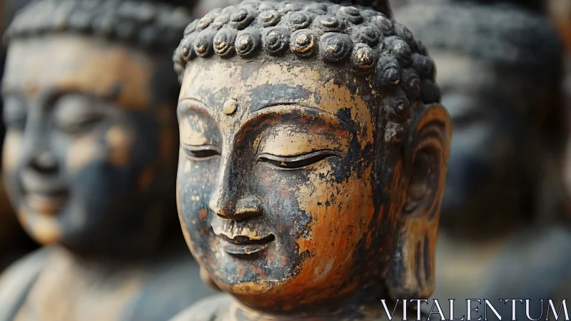 Weathered Buddha head sculpture in shallow focus view.