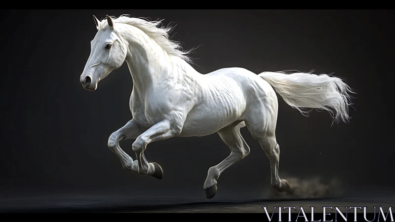 Galloping white stallion rendered in dramatic 3D motion.