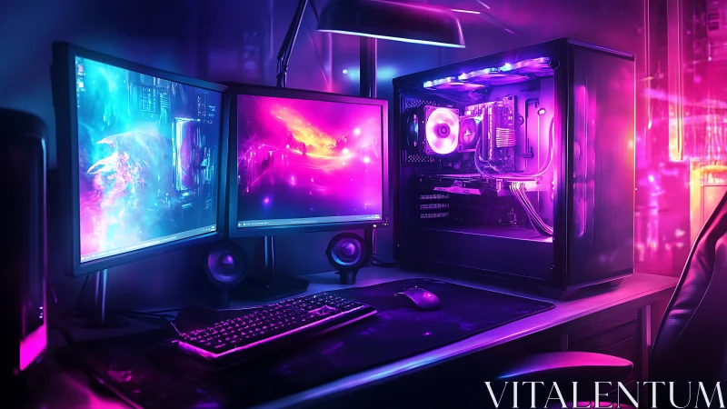 Dual-monitor RGB battlestation with luminous glass-sided tower.