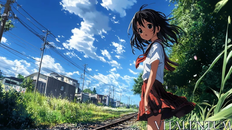 Anime schoolgirl stands by rural railway under vivid summer sky