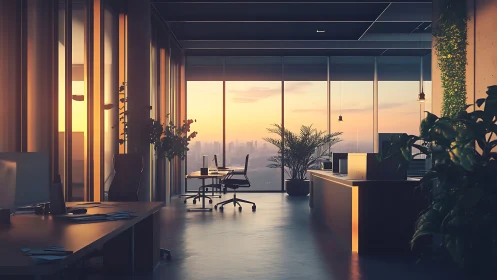 Sunlit modern office interior overlooks distant city skyline