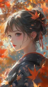 Autumn kimono maiden amid glowing maple leaves portrait.