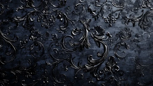 Dark embossed floral baroque pattern on textured surface.