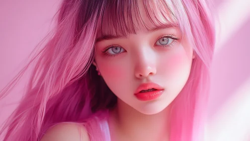 Soft pink-haired beauty with dreamy pastel gaze and glow.