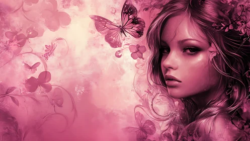 Melancholic girl framed by butterflies in monochrome pink haze