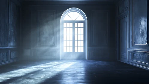 Sunlight passes through paneled door into large empty room