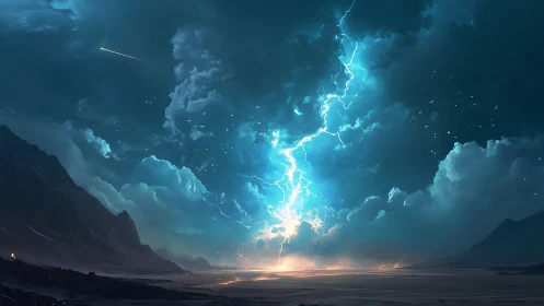 Blazing lightning splits a stormy sky above wide desert sands