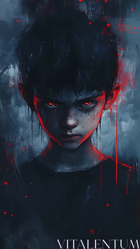 Haunting digital portrait of dark boy with red eyes.