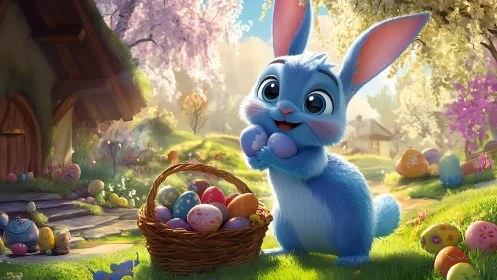 Blue bunny cradles pastel eggs in a sunlit spring wonderland.