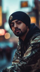 Urban evening portrait shares calm confidence in soft light