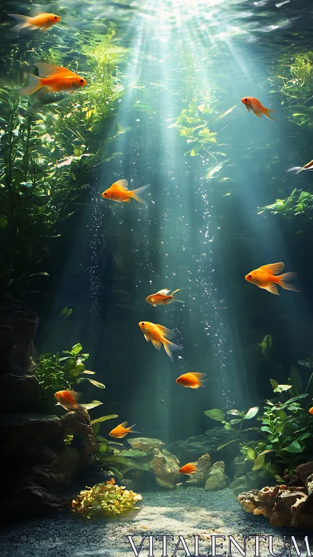 Sunlit goldfish drift through lush underwater garden.