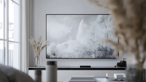 Serene monochrome landscape art anchors a modern living room