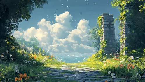 Sunlit stone path passes ruined gate toward distant sea