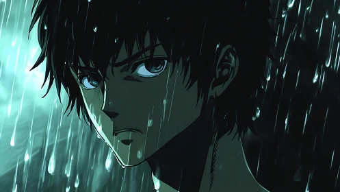 Rain-carved resolve sharpens in a storm of teal shadows