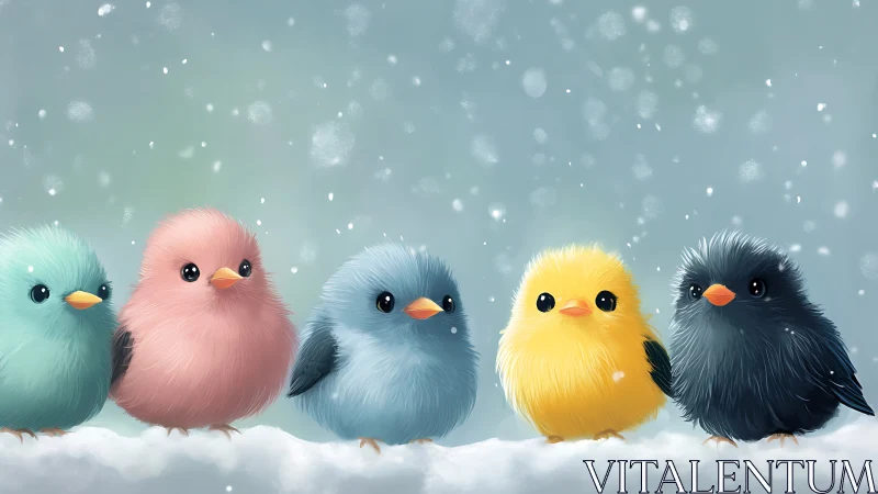 Adorable Colorful Birds in Snowfall, Digital Art Illustration.