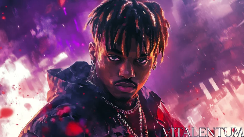 Chromatic portrait of intense figure in neon vapor haze.