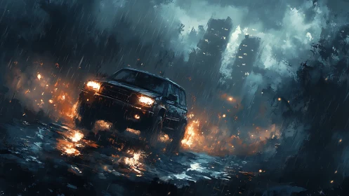 Off road truck drives through dark burning city street.