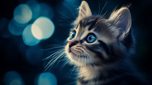 Charming Kitten Gazing Upward with Luminous Blue Eyes