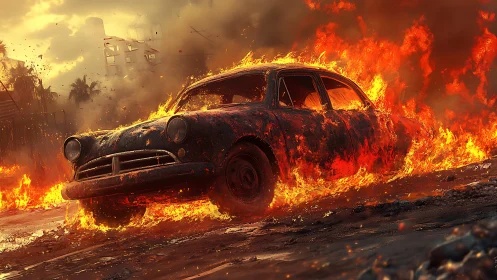 Vintage Car Engulfed in Apocalyptic Flames and Destruction.