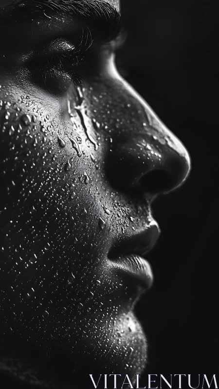 Rainlit resolve on a shadowed face in stark monochrome.
