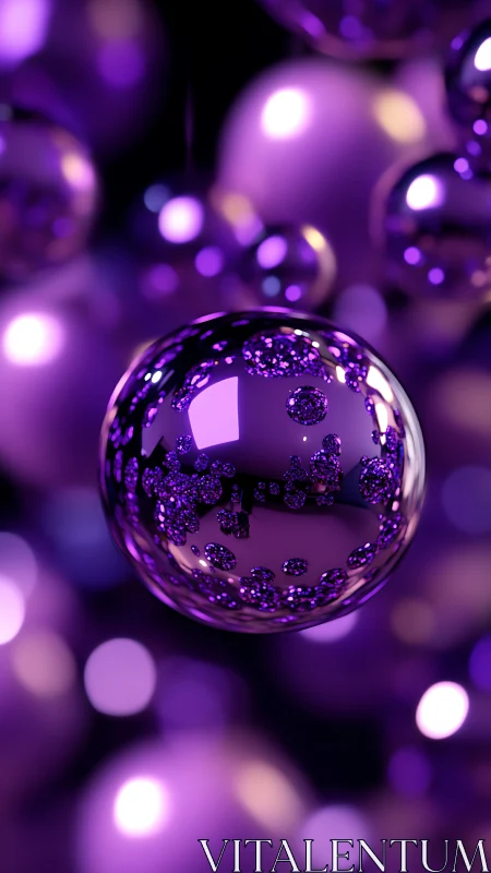 Violet glass sphere with glittering reflections in bokeh field